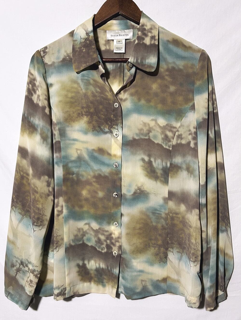 Susan Bristol Abstract Print Sheer Long Sleeve Shirt Medium